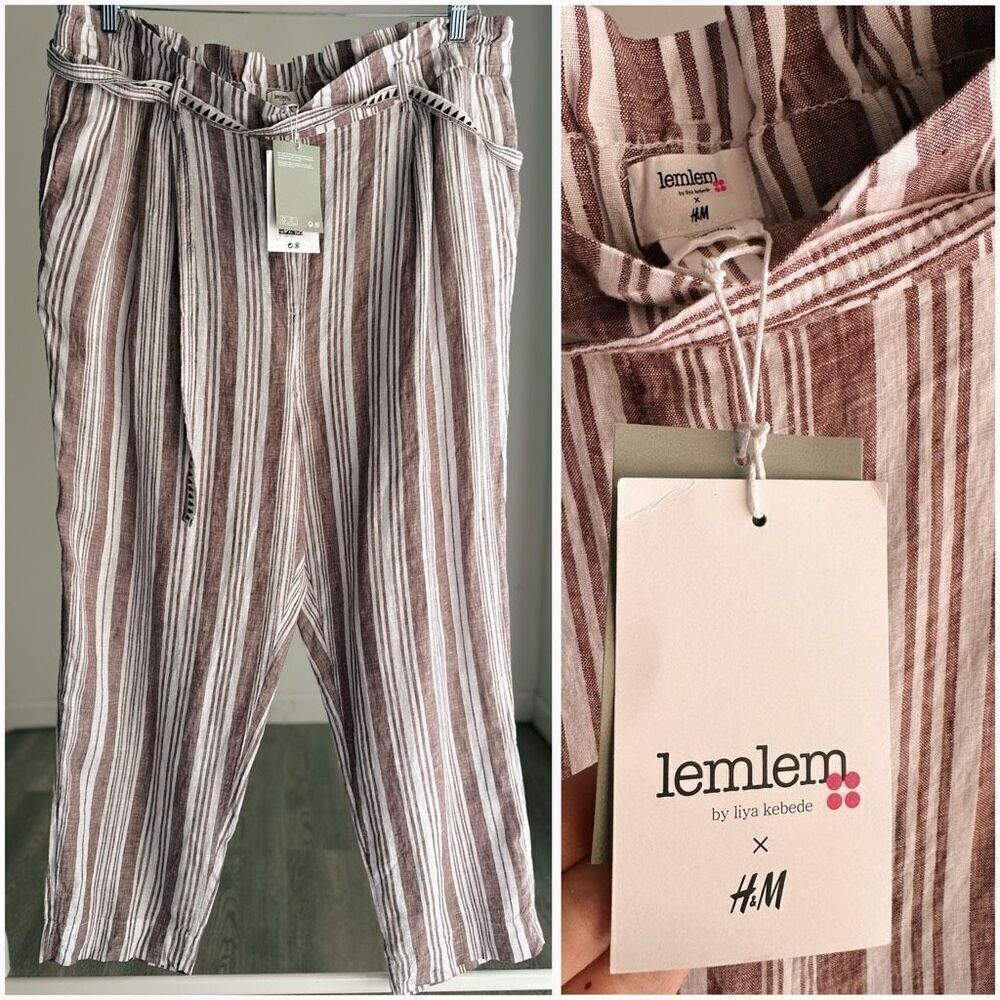 NWT H&M Lemlem 100% Linen Pants Striped Paperwaist XXL